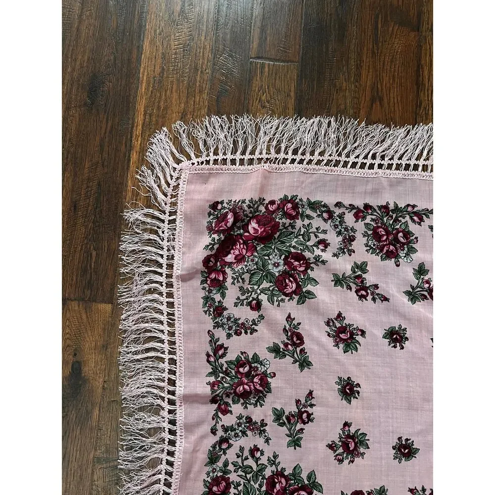 Vintage Kashmir Woole Floral Fringe Scarf - Pink Rose Square Wrap Bohemian Style